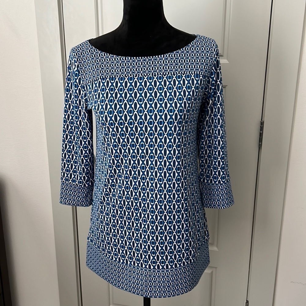 Ann Taylor XS blue‎ black white print tunic top